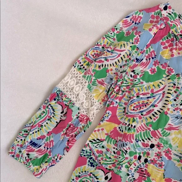 Crown & Ivy | Multicolor Crochet Lace Inset V-Neck Boho Peasant Blouse (M) - Picture 4 of 15